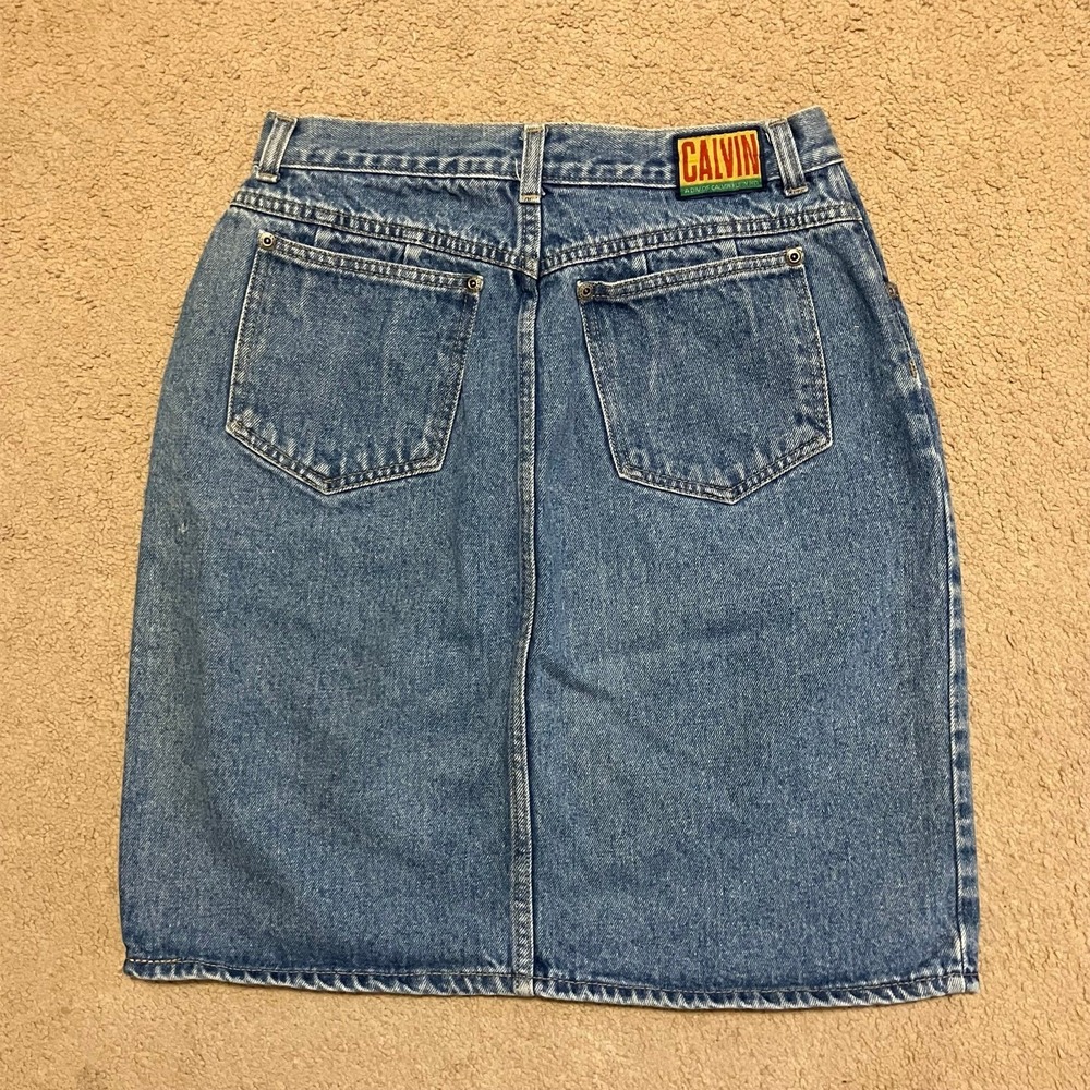 Vintage Calvin Klein Denim Skirt Colored‎ Back Patch Size 13/14 - 6 Pockets